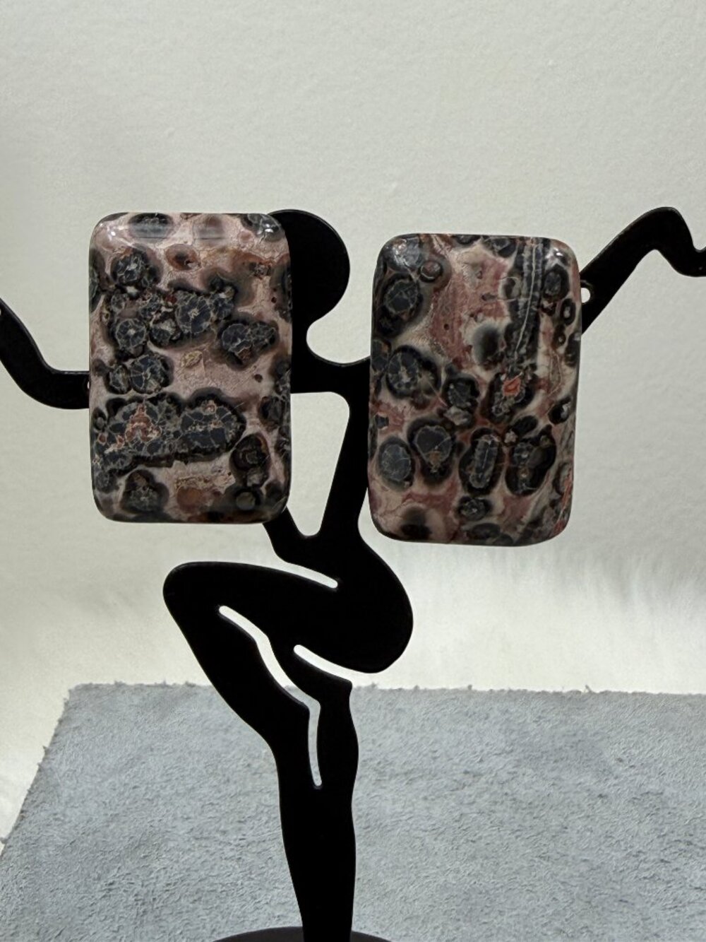 Vintage Rectangle Leopard Skin Jasper Clip-on Earrings 1.25" X .75"